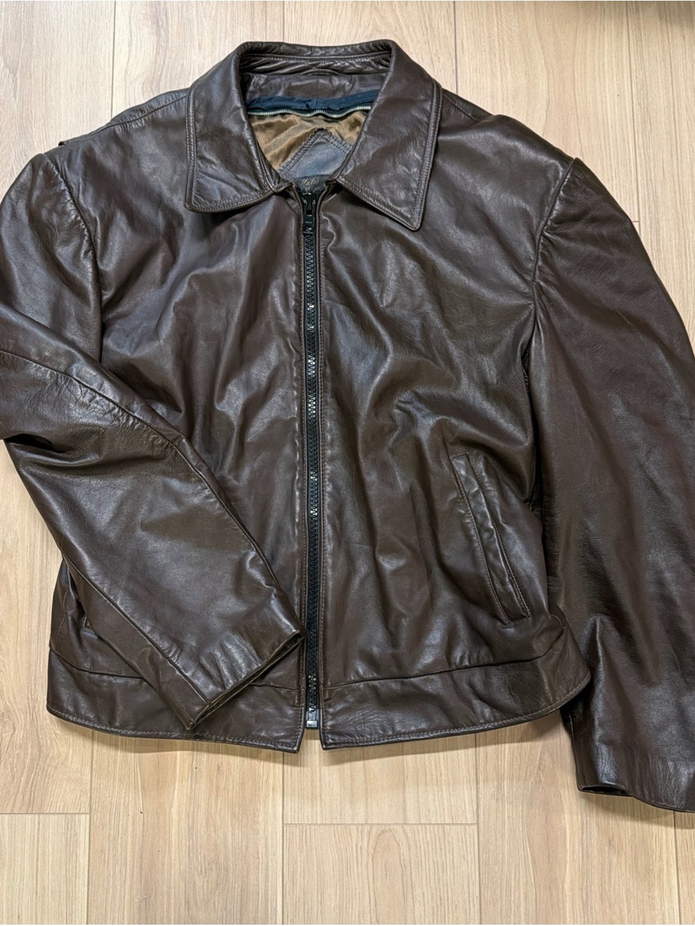 Vintage Leather Jacket Brown Satin-like Lining Outerwear Coat